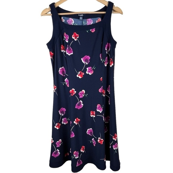 Chaps Knit Floral Fit & Flare Navy Blue Sleeveless Dress Size Medium - Picture 1 of 10